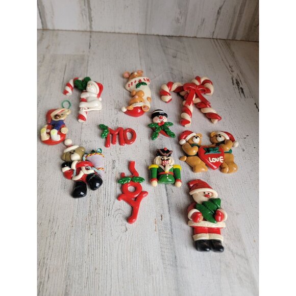 Vintage clay dough bear Santa candy cane mistletoe ornament Xmas set - Picture 6 of 7